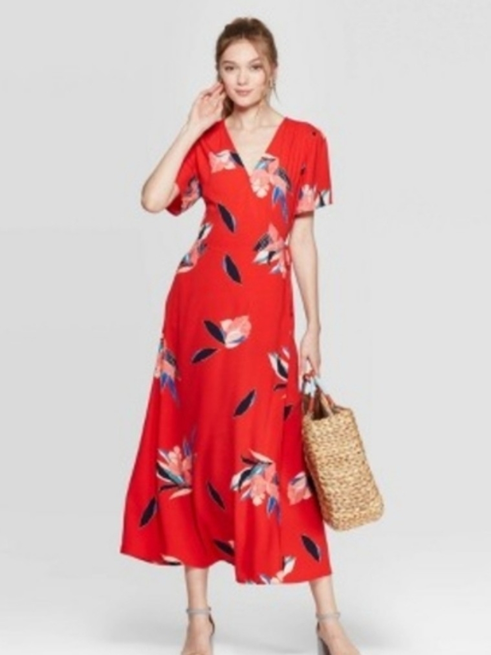 Red Floral V-Neck Midi Dress - Picture 1 of 4